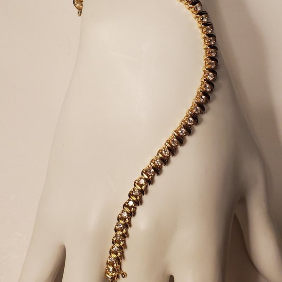 Diamond tennis S-link bracelet 14K yellow gold - Picture 6 of 13